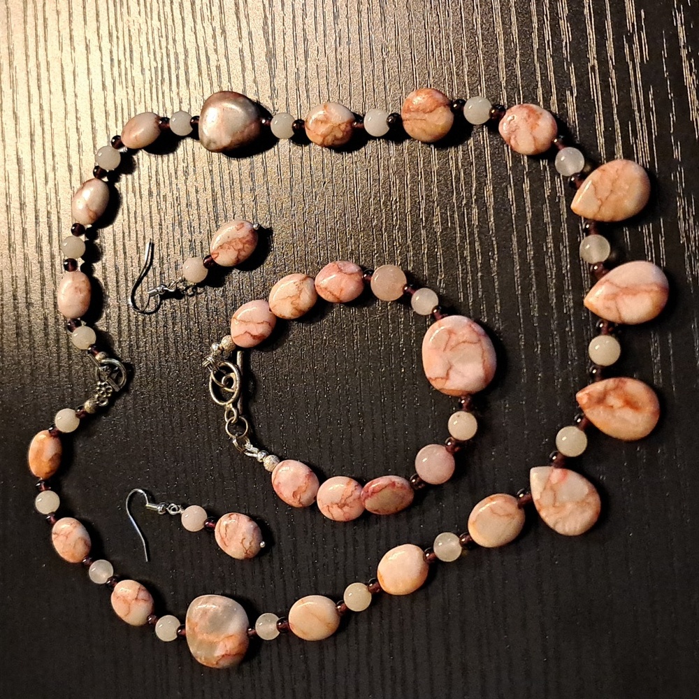 Rhodochrosite, Garnet & Rose Quartz Natural Gemstone Jewelry Set